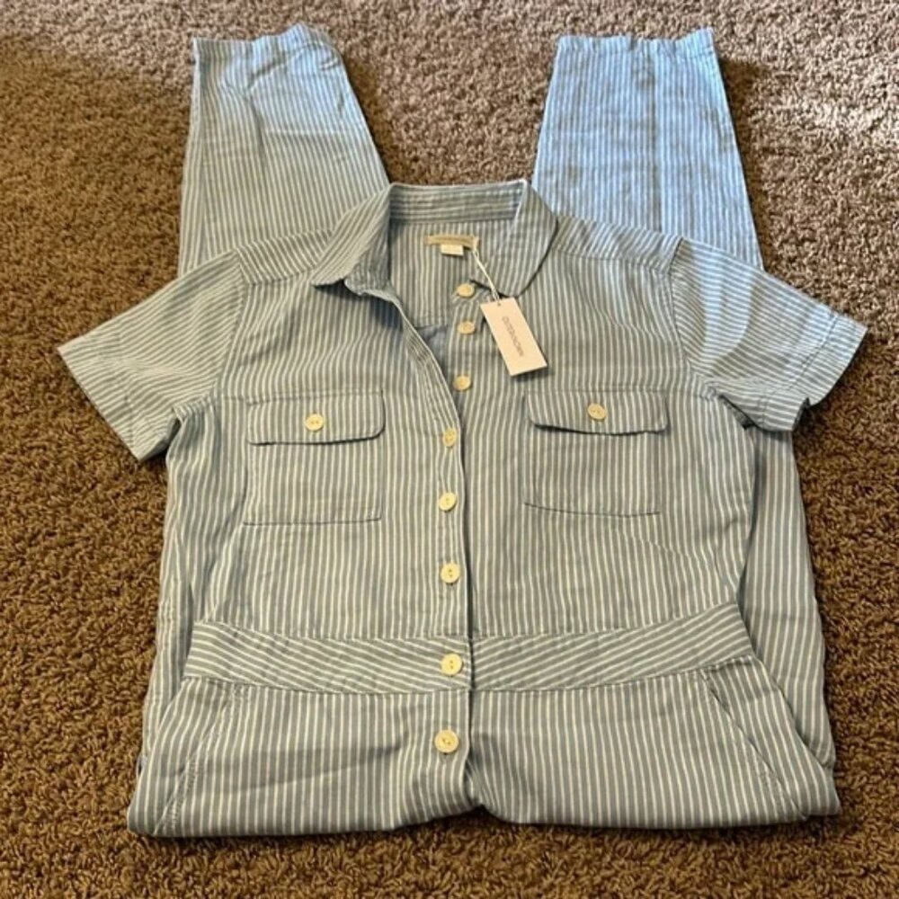 NWT Outerknown Azure Blue Pinstripe Cotton Linen Jumpsuit XS XSmall